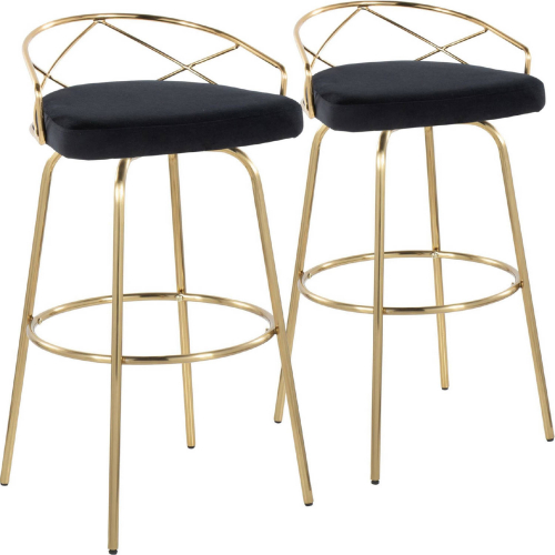 Charlotte 30" Swivel Bar Stool in Gold & Black Velvet w/ Round Footrest (Set of 2)